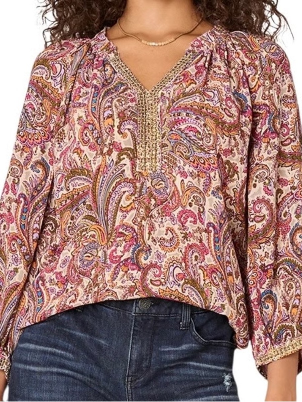 Democracy Pink Multi Paisley V-Neck 3/4 Blouson Sleeves Brass Sequin Blouse